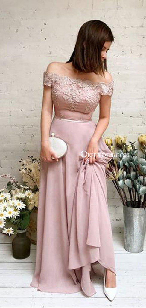 Charming Off-The-Shoulder Dusty Pink Chiffon Appliqued Chiffon Long Cheap Bridesmaid Dresses, BDS0006