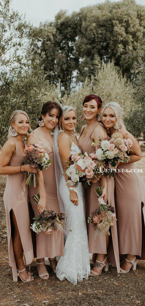 Simple V-neck Jersey Side Slit Long Cheap Bridesmaid Dresses, BDS0052