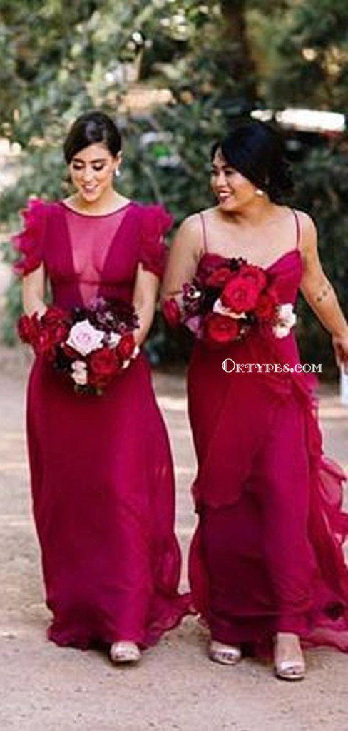 Mismatched Charming Red Chiffon Long Cheap Bridesmaid Dresses, BDS0015