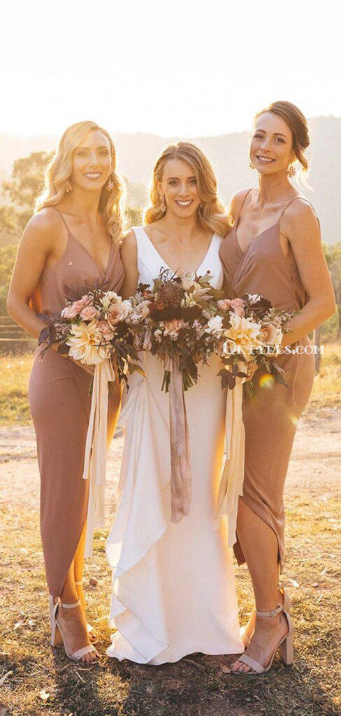 Charming Spaghetti Straps V-neck Side Slit Long Cheap Bridesmaid Dresses, BDS0056