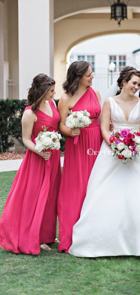 Mismatched Charming Simple Hot Pink Long Cheap Chiffon Bridesmaid Dresses, BDS0017