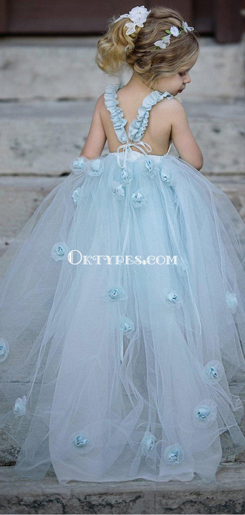 Blue Tulle A-Line Flower Girl Dresses, Backless Popular Little Girl Dresses, TYP1420