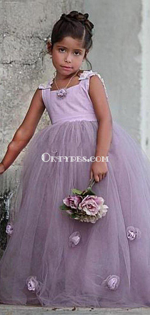 Cute Square Neckline Purple Tulle Hand-Made-Flowers Ball Gown Long Cheap Flower Girl Dresses, FGS0019