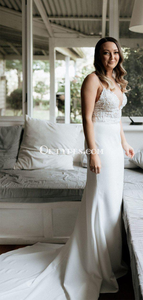 Simple Spaghetti Strap V-neck Mermaid Charming Long Cheap Wedding Dresses, WDS0039