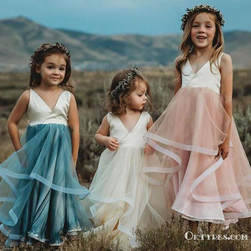 Lovely V Neck Sleeveless Organza Flower Girl Dresses for Wedding Party, TYP1952