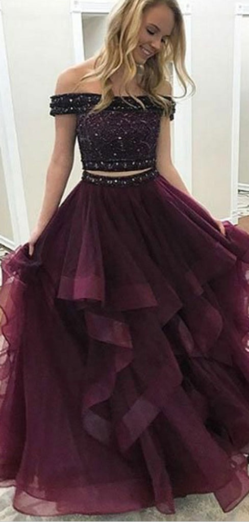 Two Piece Off-the-Shoulder Long Cheap Maroon Tulle Prom Dresses with Beaded, TYP1283