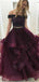 Two Piece Off-the-Shoulder Long Cheap Maroon Tulle Prom Dresses with Beaded, TYP1283