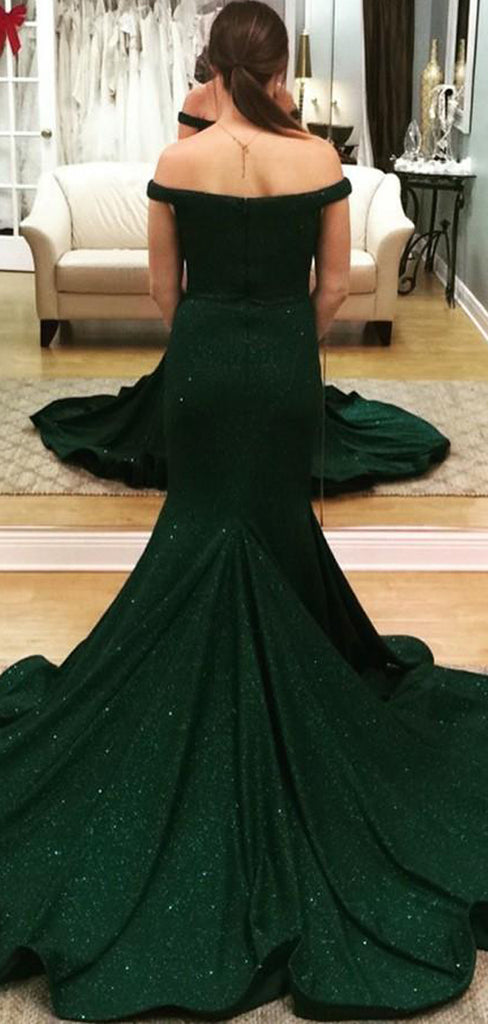 Mermaid Off-the-Shoulder Green Satin Prom Dresses with Beading, TYP1333