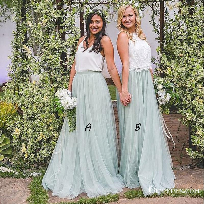 Simple Mismatched A-line Mint Tulle Long Cheap Bridesmaid Dresses, TYP1833