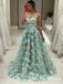 Spaghetti Straps A-Line Long Cheap Mint Prom Dresses with Flowers, TYP1829