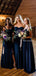 Mismatched Navy Blue Spaghetti Strap A-line Long Cheap Bridesmaid Dresses, BDS0008