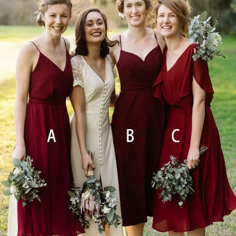 Mismatched A-Line V-Neck Pleated Dark Red Chiffon Bridesmaid Dresses, TYP1316