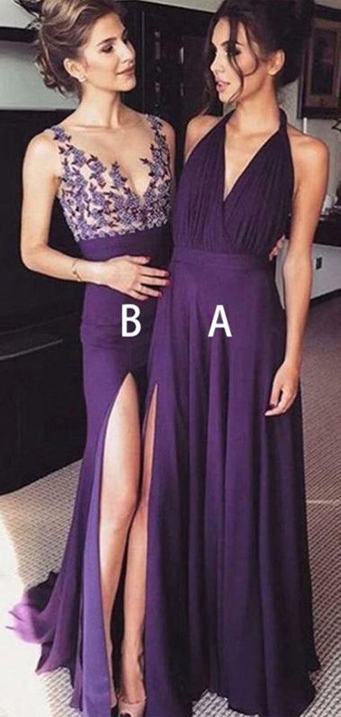 A-Line V-Neck Sleeveless Grape Chiffon Prom Dresses with Split, TYP1331