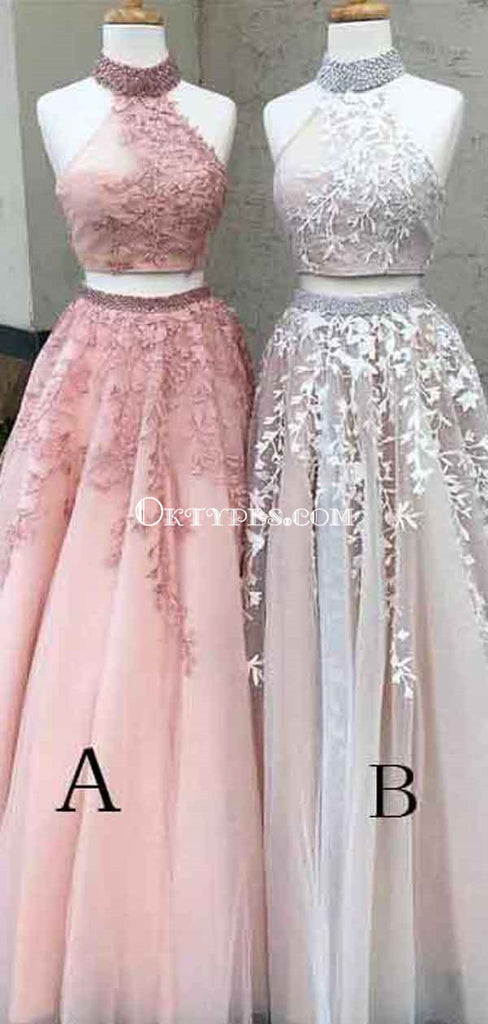 Modest Beautiful Halter Pink V Neck Long Cheap Prom Dresses With Applique, TYP1911