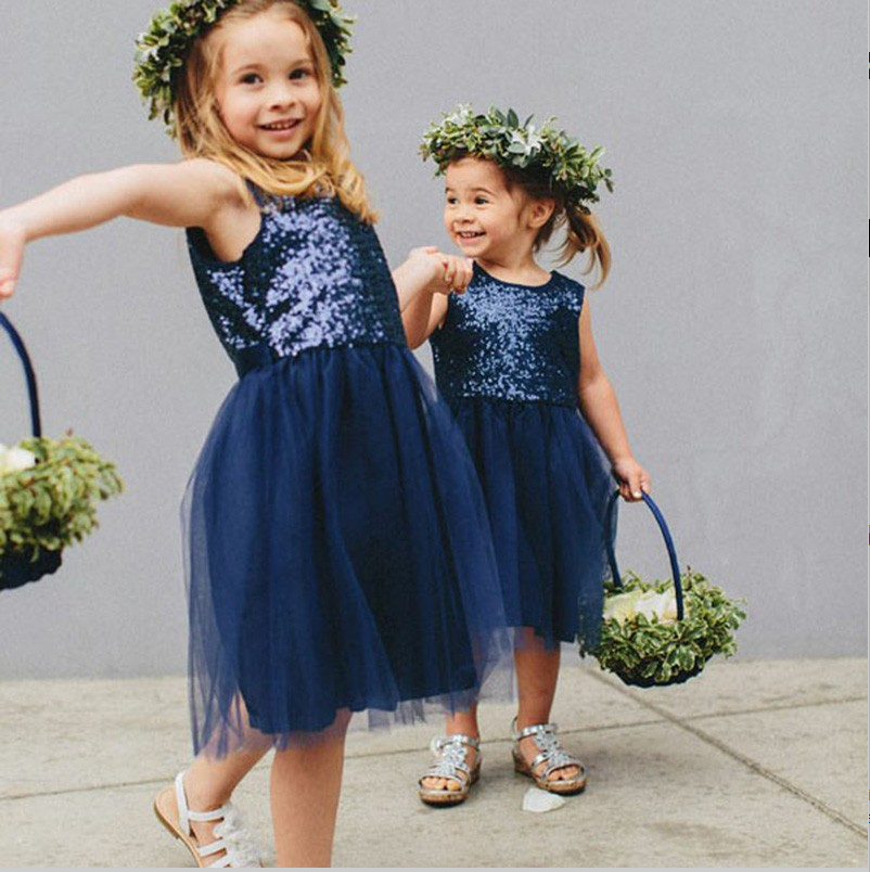 Cute A-Line Round Neck Navy Blue Tulle Flower Girl Dresses with Sequins, TYP1155