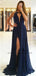 A-Line Round Halter Navy Blue Chiffon Prom Dresses with Lace Split, TYP1528