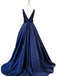 A-line V-neck Beaded Bodice Formal Dress Navy Blue Satin Long Prom Dresses 2019, TYP1221