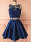 Sexy Two Pieces Navy Blue Illusion Lace Cheap Short Homecoming Dresses 2018, CM556