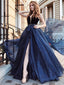 Deep V Neck Navy Blue Tulle Long Prom Dress Gown With Beading, TYP1500