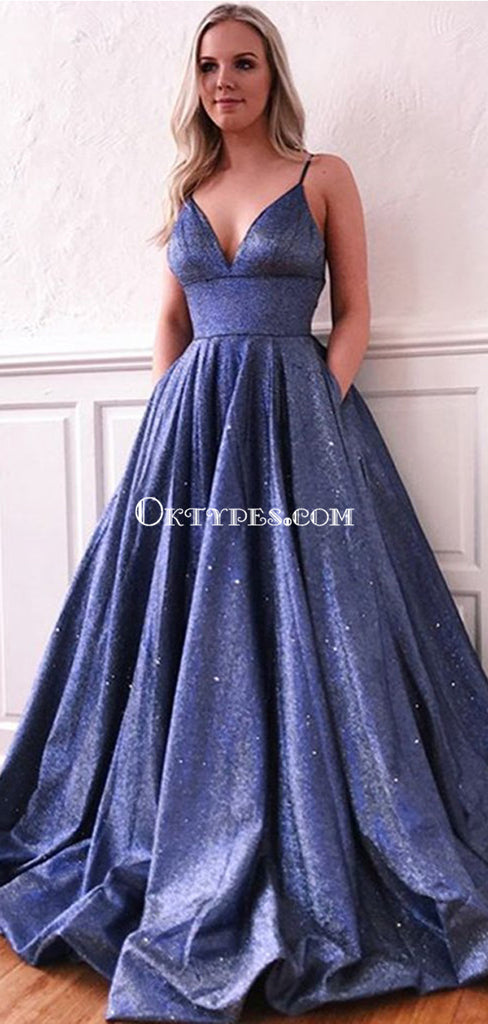 Navy Blue Spaghetti Straps A-line Long Evening Prom Dresses, Evening Party Prom Dresses, PDS0103