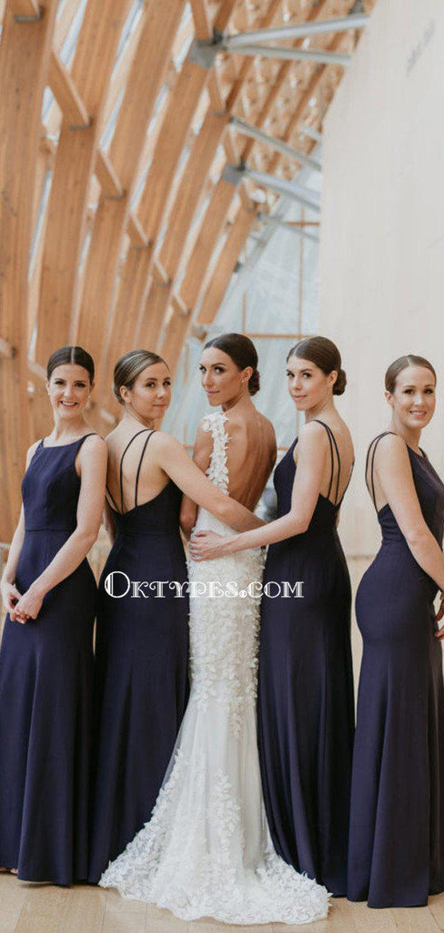 Navy Blue Chiffon Backless Mermaid Long Cheap Bridesmaid Dresses, BDS0073