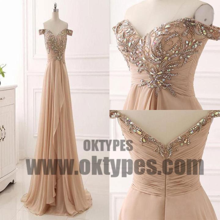 Long Floor Length Off-shoulder Beading Chiffon Prom Dresses, Zipper Prom Dresses, TYP0474