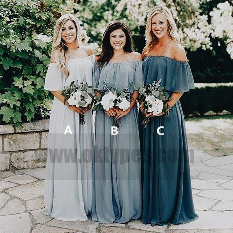 Cheap Off Shoulder Chiffon Custom Long Bridesmaid Dresses, TYP0771