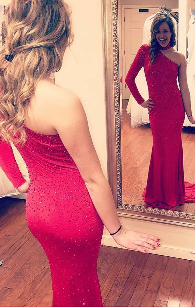 Mermaid One Shoulder Red Spandex Prom Dresses with Beading, TYP1341