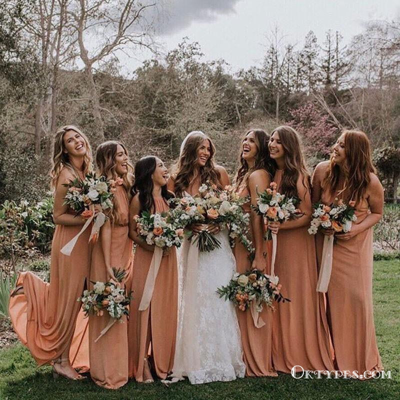 Sheath Crew Long Cheap Dusty Orange Chiffon Bridesmaid Dresses with Split, TYP1369