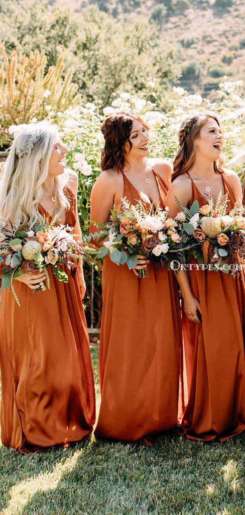 New Arrival V-neck Orange Elastic Silk Long Charming Cheap Bridesmaid Dresses, BDS0055