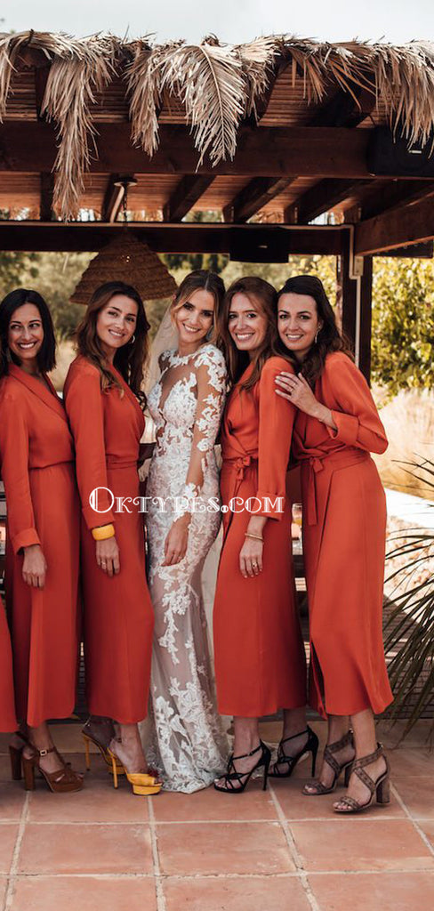 Long Sleeves V-neck Orange Side Slit Long Cheap Bridesmaid Dresses, BDS0094