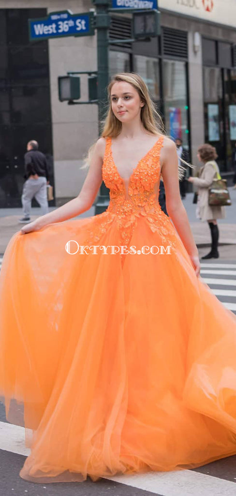 Charming V-neck Orange Tulle A-line Long Cheap Party Prom Dresses, PDS0107