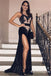 Gorgeous Spaghetti-Straps Velvet Mermaid Sexy Black Side-Slit Prom Dresses, TYP1924