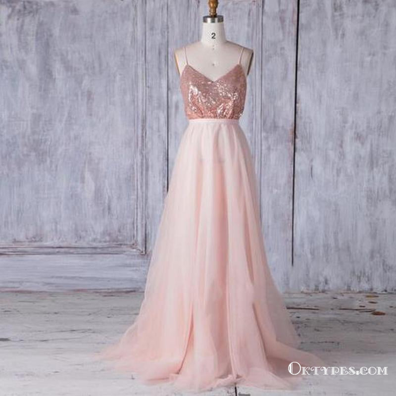 Pink Spaghetti Straps V Neck Sleeveless Bridesmaid Dresses With Sequin, TYP1809