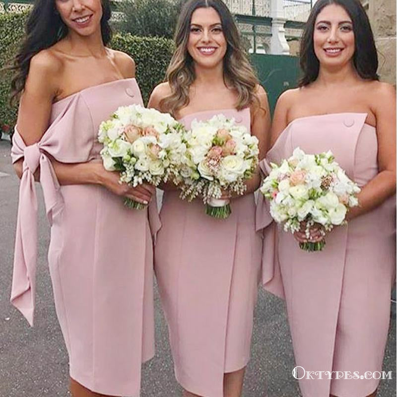 Sheath Strapless Knee Length Blush Pink Satin Bridesmaid Dresses, TYP1975