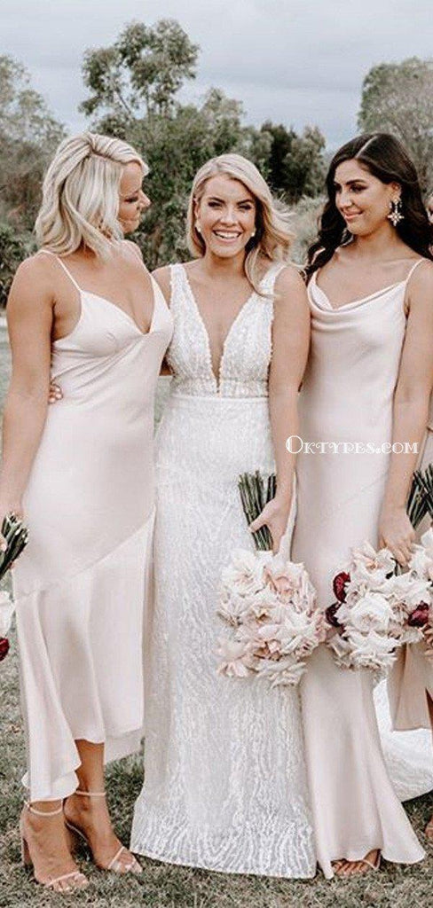 Charming Spaghetti Strap Blush Pink Elastic Silk Long Cheap Wedding Party Bridesmaid Dresses, BDS0004