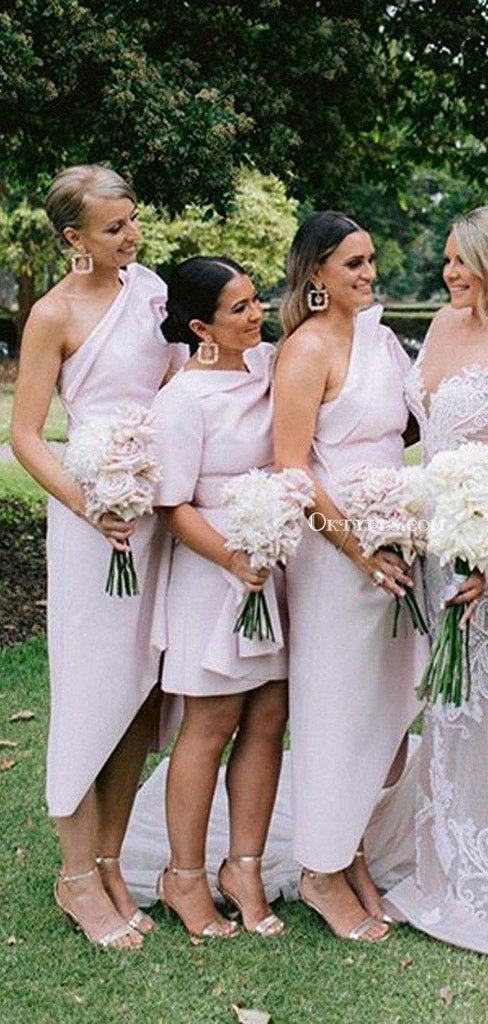 Charming One Shoulder Pink Side Slit Long Cheap Wedding Party Bridesmaid Dresses, BDS0003