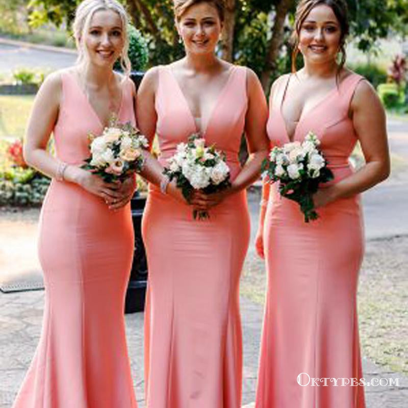 Simple V-neck Peach Mermaid Long Cheap Bridesmaid Dresses, TYP1852