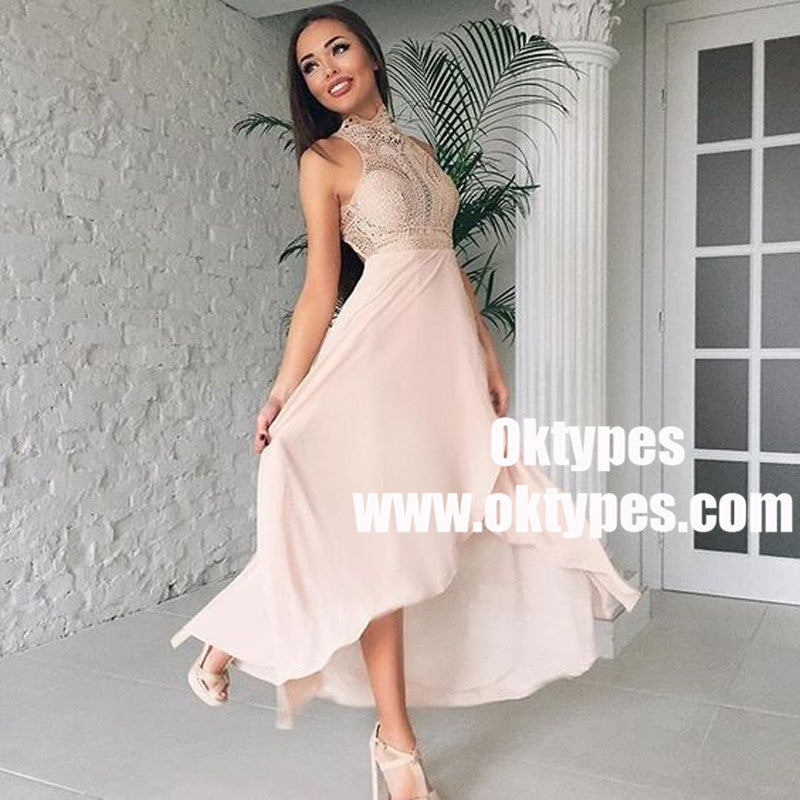 A-Line High Neck High Low Pink Long Bridesmaid Dress with Lace, TYP0935