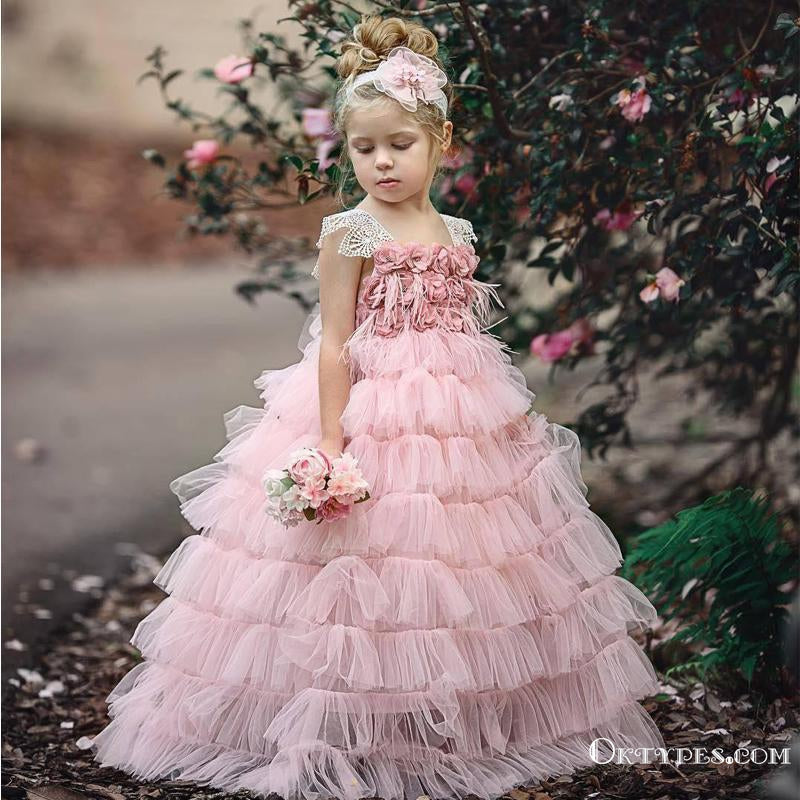 Pink Layers Tulle  2019 Lace Princess Long Ball Gown Flower Girls Dresses, TYP1953