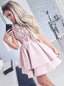 Pretty Bateau Short Blush Pink Satin Homecoming Party Dresses with Appliques, TYP1088