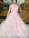 A-Line Deep V-Neck Long Cheap Pink Tulle Open Back Prom Dresses with Appliques, TYP1355