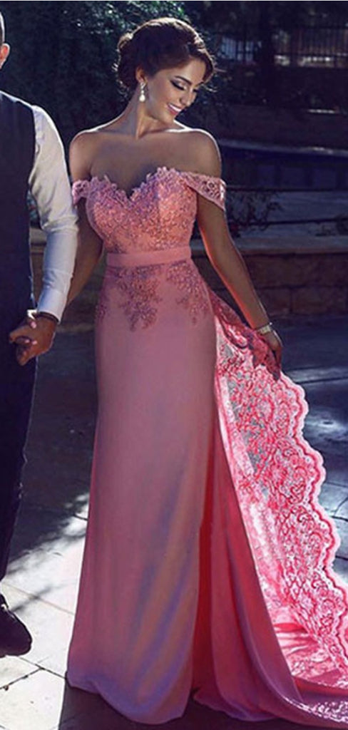 Sheath Off-the-Shoulder Long Cheap Pink Prom Dresses with Lace Sash, TYP1308