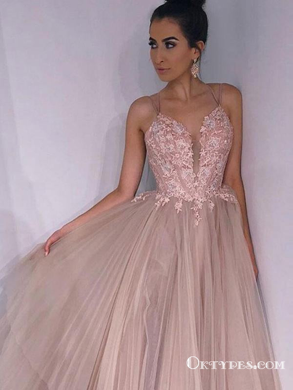 A Line Criss Cross Straps Back Pink Long Prom Dresses With Appliques, TYP1741