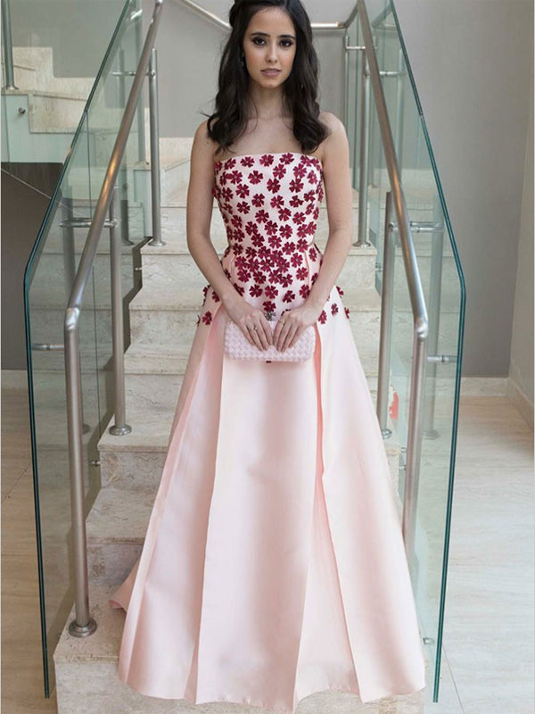 A-Line Strapless Pleated Pink Satin Prom Dresses with Appliques, TYP1292