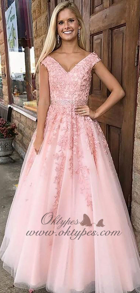 Pink A-Line V-neck Formal Tulle Long Prom Dresses With Applique, TYP1451