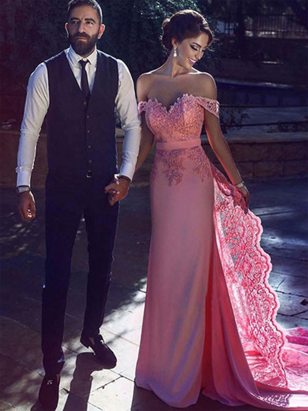 Sheath Off-the-Shoulder Long Cheap Pink Prom Dresses with Lace Sash, TYP1308