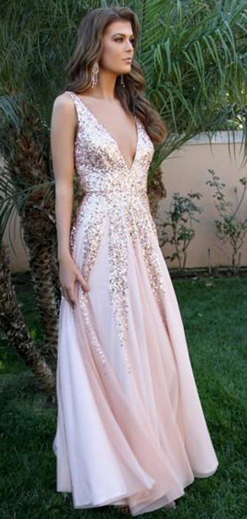 A-Line Deep V-Neck Long Cheap Pink Tulle Backless Prom Dresses with Sequins, TYP1353