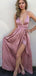 A-Line V-Neck Criss-Cross Back Blush Elastic Satin Prom Dresses with Split, TYP1284