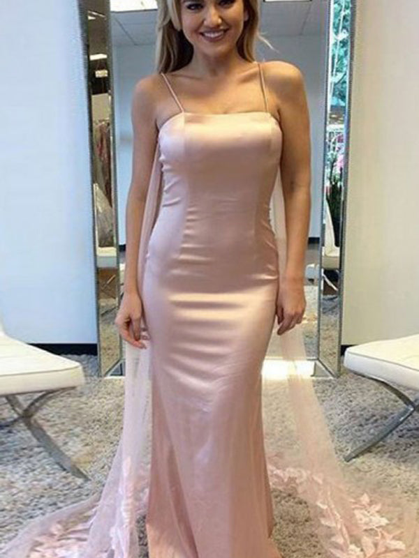 Mermaid Spaghetti Straps Long Cheap Blush Pink Prom Dresses with Appliques Beading, TYP1349